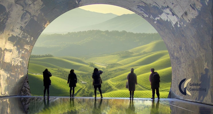 Menschen stehen am Ausgang eines Tunnels und schauen auf eine idylische, grüne Hügellandschaft.